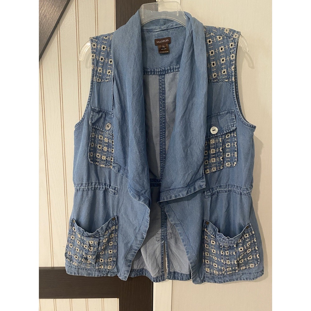 Multiples Denim Chambray 100% Lyocell Embroidery Kimono/Vest Size Large
